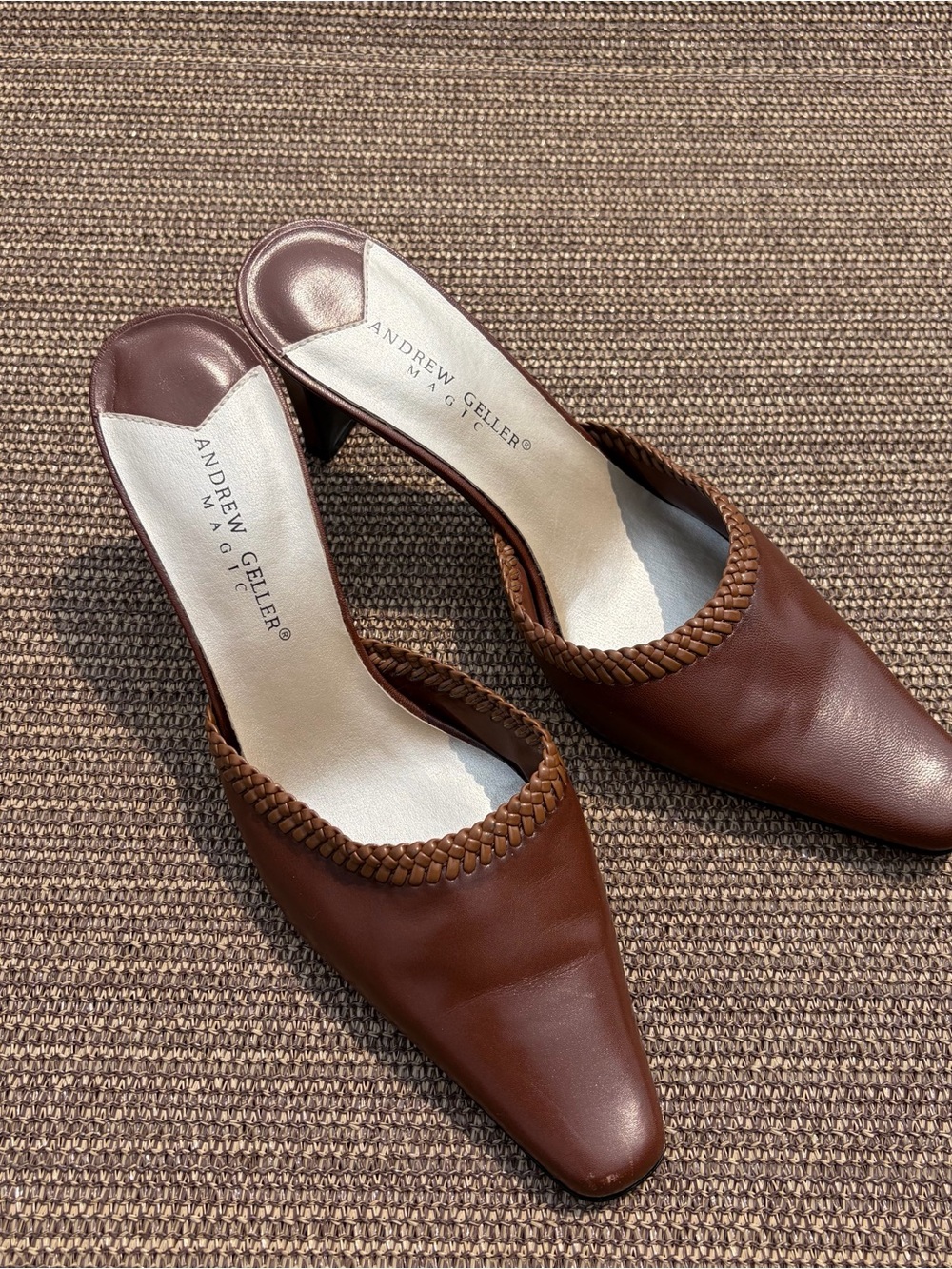Andrew Geller Magic Vintage Brown Leather Braided Mule Heels Pointed Toe